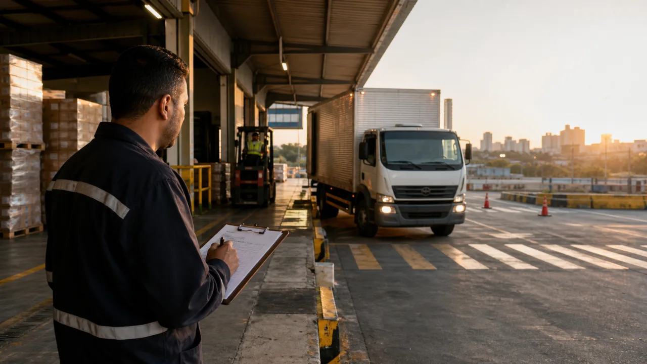 Conferência de coleta em doca com caminhão e pallets preparados