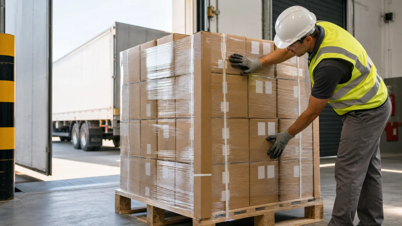 Profissional conferindo caixas protegidas e envolvidas em pallet