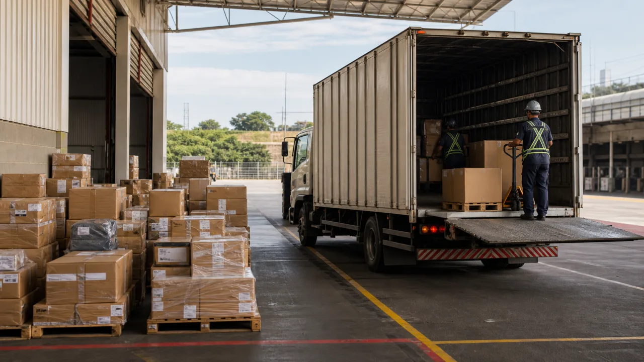 Terminal com cargas consolidadas e caminhão em carregamento dedicado