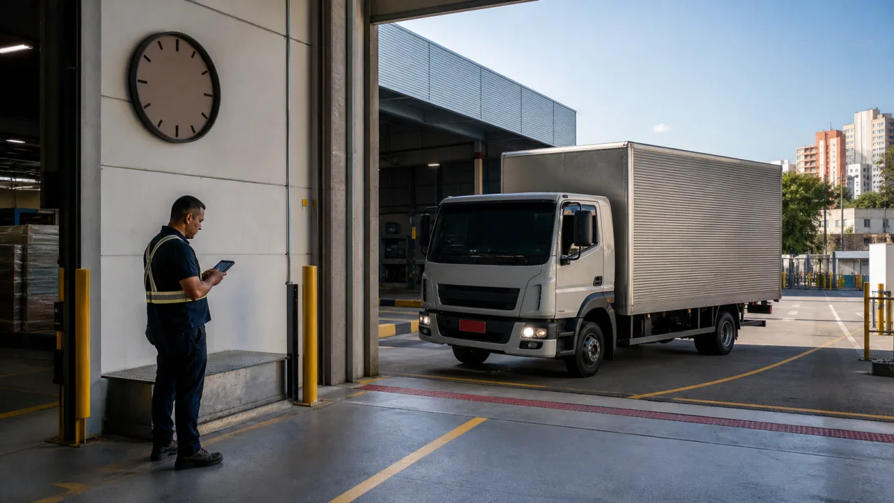 Caminhão chegando à doca enquanto profissional confere o agendamento