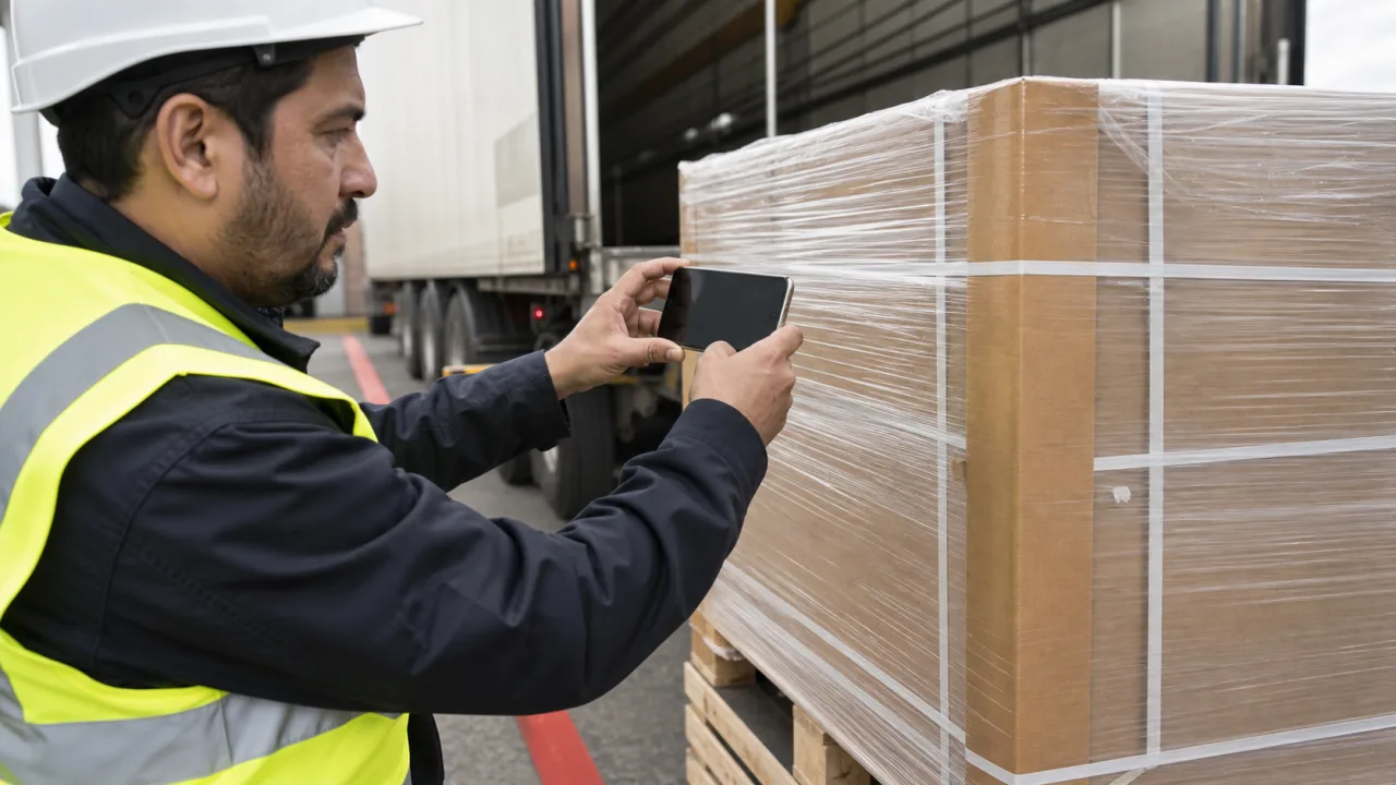 Profissional fotografando a condição de pallet protegido antes do embarque